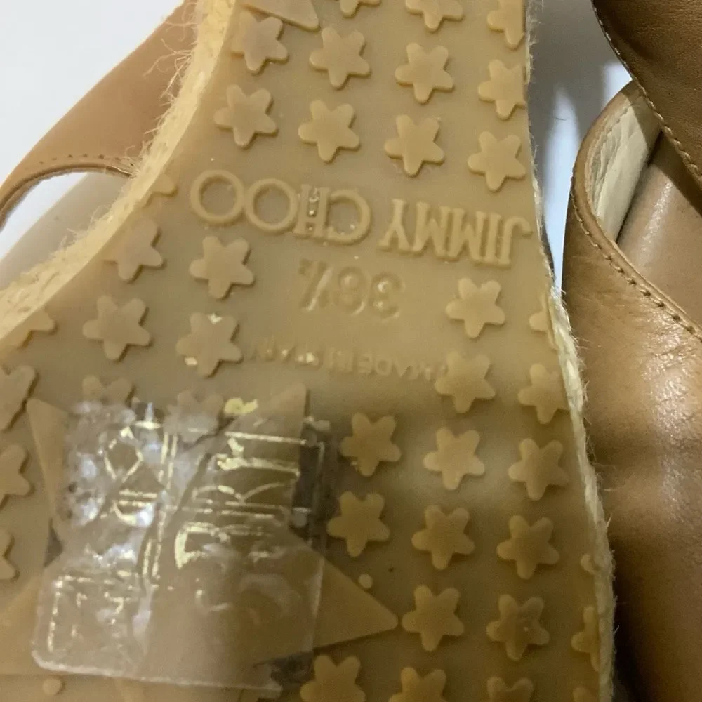 Jimmy Choo Vachetta Leather Teak Espadrille Wedge Sandal 38.5